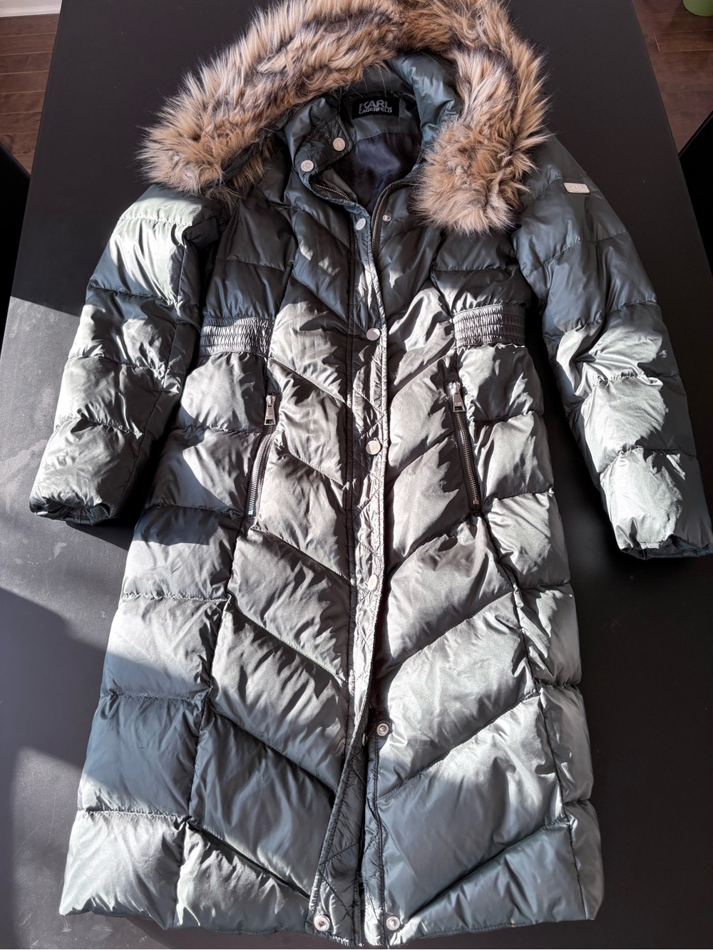 Karl Lagerfeld  Long Puffer Coat with Faux Fur Hood - Silver Gray